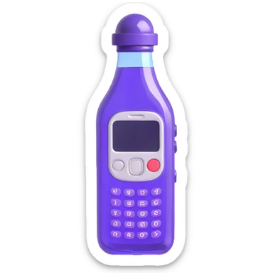 Create a very realistic 3D transparent bottle with a cap, shaped like a phone. Inside the bottle is a violet elixir. The bottle's shape resembles a Nokia 3310 phone, with clearly visible phone buttons on the front. No text included. sticker