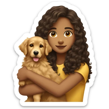 Tan skinned teenage girl with dark brown long curly hair hugging a golden retriever puppy sticker