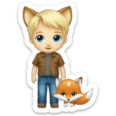 Blond Baby boy blue eyed with fox plush sticker