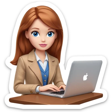 A Barbie girl with blue eyes, shoulder-length reddish-brown hair, made-up, wearing a beige tweed jacket and a beige skirt, is sitting with a MacBook sticker