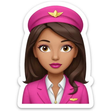 Flight attendant with pink outfit tan skin long dark brown hair with blonde highlights pretty makeup long lashes red lipstick  sticker