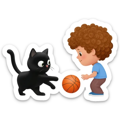 Black cat playing with orange basketball and a little boy with curly hair sticker
