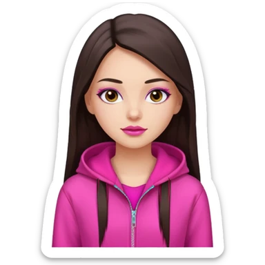 generate a pretty fair bratz girl with dark brown eyes, dark brown hair straight long. Wearing a hot pink zipper hoodie, pink lipgloss sticker