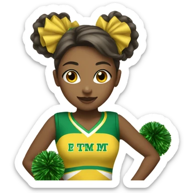Cheerleader in greens and yellow uniform with pom poms sticker