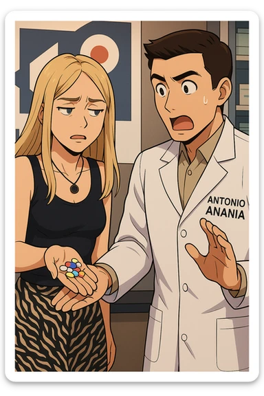fai un webtoon/manga a colori con questo kinesiologo in camice bianco (fagli la scritta "ANTONIO ANANIA" SUL CAMICE) CHE PARLA CON QUESTA RAGAZZA. LA RAGAZZA HA UN PUGNO DI INTEGRATORI IN MANO (TANTE PILLOLE DIVERSE) E LE GUARDA DUBBIOSA. IL KINESIOLOGO CON IL CAMICE BIANCO LE DOMANDA UNA COSA SCIOCCATO. NON FARE I FUMETTI, FAI SOLO LORO COME SE DIALOGASSERO sticker