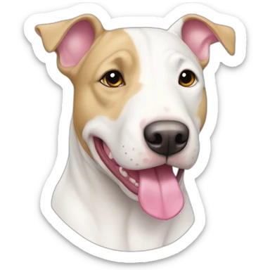 White bull terrier cross with light tan patch and pink nose sticker