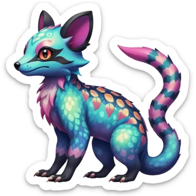 Rare iridescent white exotic epic aesthetic colorful Salandit-Eevee-Civet-species-Fakemon-hybrid-creature, with intricate tattoo markings, full body sticker