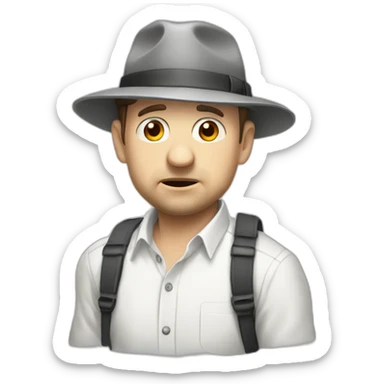 tim robinson wearing a grey fedora white shirt only looking scared and sad facing left - safariflap attached to back of hat sticker