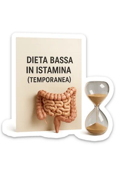 foglio di carta di una dieta con la scritta "DIETA BASSA IN ISTAMINA (TEMPORANEA), E ACCANTO CI METTI UN INTESTINO IN MINIATURA E UNA CLESSIDRA, iperrealistico 4k sticker