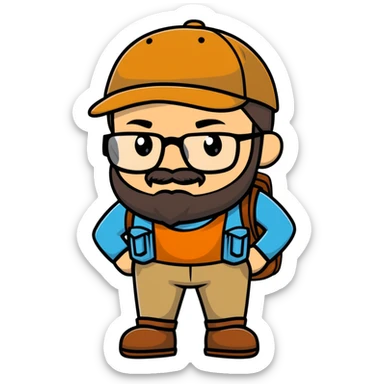 Adventurer with glasses, a beard and tan colored cap sticker