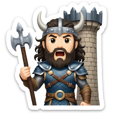 vikingo con armadura de Asgard, pelo negro ondulado, de pie, grito de guerra en torre de Asgard. sticker