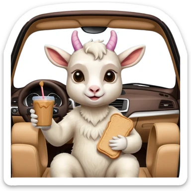 cute baby goat eating peanut butter and jelly driving in a bmw x1, holding a peanut butter and jelly in hand sticker