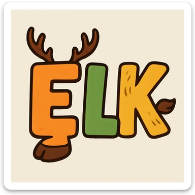 The word ELK in chunky, cartoon-style letters, each letter subtly incorporating elk features like antlers or hooves. sticker