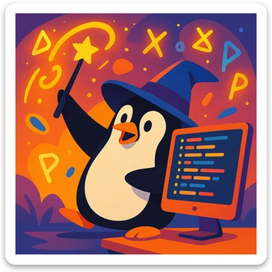 a penguin wizard with a pointy hat, casting a spell over a computer screen filled with code, surrounded by floating runes sticker