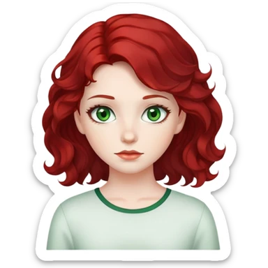girl with green eyes, white skin, wavy black hair, subtle red hair at the back sticker