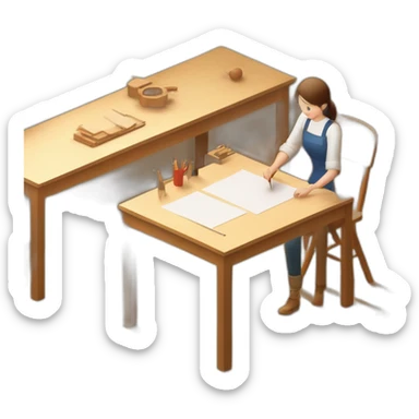 isometric square transparent solid outline border containing indoor workshop woodworking teacher with student teaching inside building on long table sticker