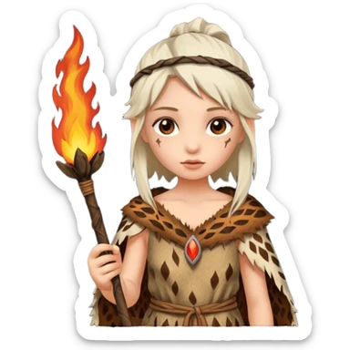 ancient girl, tattered animal skin cloth, hold fire stick sticker