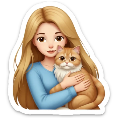 A pretty girl with long brown hair is hugging her blonde Persian cat. The girl has brown hair, and only the cat is blonde. sticker
