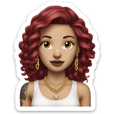 Pale white European girl with long burgundy hair, long eyelashes and has tattoos. She is wearing a crop top shirt and gold chain necklace and diamond earrings  sticker