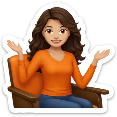 Twirling around a chair Long dark wavy hair women in orange top  sticker