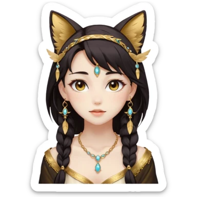 Beautiful gorgeous anime lady with beautiful dark-brown-special-hair, fashion aesthetic, ethereal, feather, accessories, gold jewelries, gold, colorful, feline ears sticker