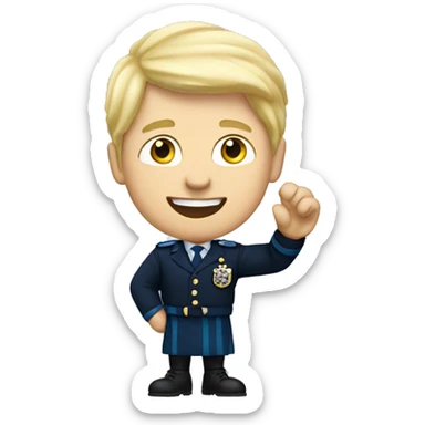 Male with blonde hair waving hand to say hello with a Scotland sticker