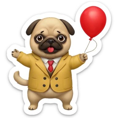A pug in a yellow coat holds a red balloon on a string sticker