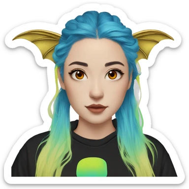 Lady with brunette and iridescent blue hair, gold, lime green dragon wings, black hoodie, bleach dyed, black and gold Nike t shirt, and bright red eyes sticker