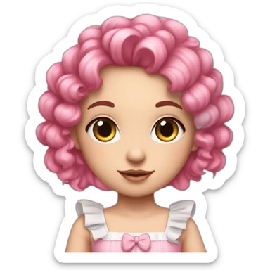 white girl in pink frilly dress with ruffles and bow, pink hair, long pigtails sticker