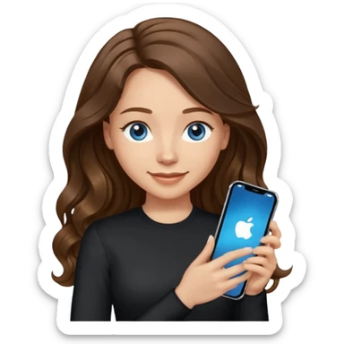 generate a pretty woman with blue eyes, light skin and long and really wavy shiny medium brown hair holding a phone while looking down at the screen. she is wearing an ALL black long sleeve. she is smiling sticker