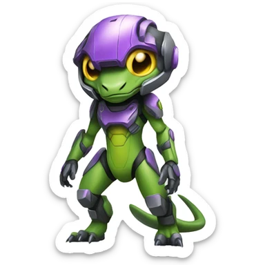 a Reptile-Raptor-Genesect-Fakémon with a futuristic visor-helmet and wearing a techwear-suit Full Body sticker