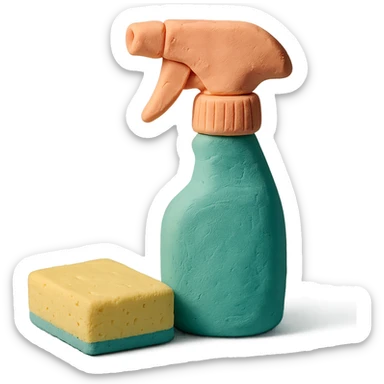 spray bottle and sponge in claymation style, pastel colors, visible fingerprints sticker