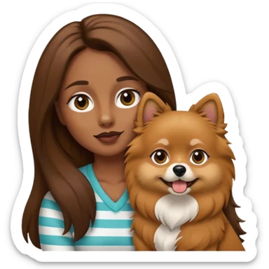 Create an emoji-style illustration of a woman with long brown hair holding one Pomeranian dog. The dog has a black face with a white stripe running down the middle of its nose and mouth. sticker