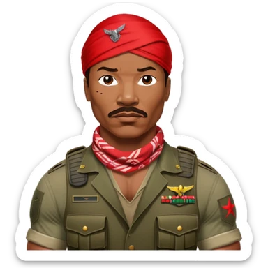Carl Weathers as Dillon from Predator movie, muscular man in military gear with bandana sticker