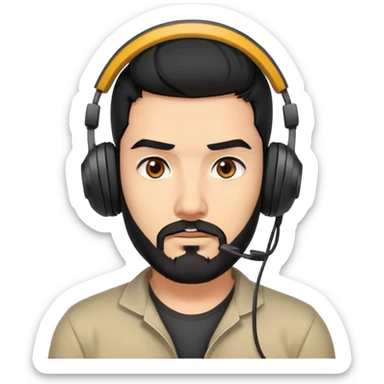 Serious gamer face with black hair, brown eyes, black beard, wearing gaming headset sticker