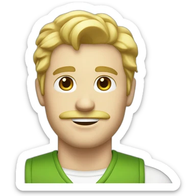 White man with blonde hair and moustache and blue eyes with slightly open mouth facing green vest and white shirt sticker