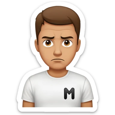 A disgusted man wearing a white t-shirt with a big black M on the t-shirt  sticker