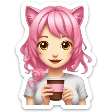 cute pink hair cat girl with coffee anime style sticker