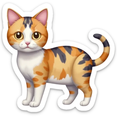 full body anxious looking colourful patchy calico tabby cat with tiny head to large body with fully white front legs sticker
