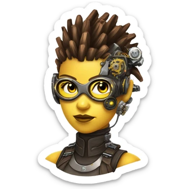 Brown with yellow streaks Mohawk hair female cyborg head, fair skin, steampunk goggles and circuits sticker