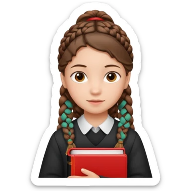 brown braid hair girl kid, student, black gile, red book sticker