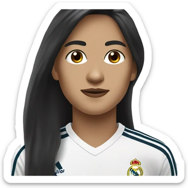 Create a women with long black hair, white skin, brown eyes, wearing a Real Madrid jersey.  sticker