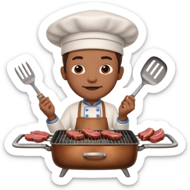 A 3D cartoon cook flipping meat on a grill with tongs, gentle smoke effect, Memoji-style lighting. sticker