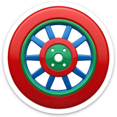Glossy 3D emoji, blue top, green bottom, large red spoked wheel in center. Geometric symbol, no face. sticker