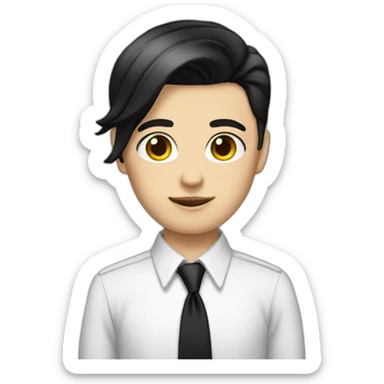 androgynous white boy bangs black straight hair white shirt black tie sticker