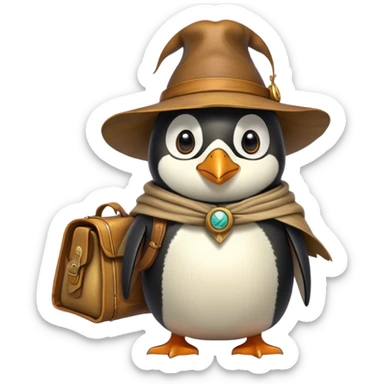 A explorer penguin inspired by Indiana Jones, wearing a weathered yellow enchanted hat and a flowing cape. It carries a leather satchel with ancient scrolls. Cartoon-style, smooth shading, highly detailed, no background sticker