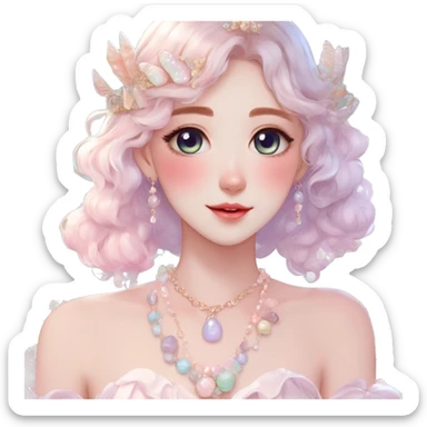 Gorgeous pastel anime style lady with blushing face and seashell-tiara dress necklace cottagecore fairycore pastelcore colorful pearly romantic simplistic aesthetic trending style sticker