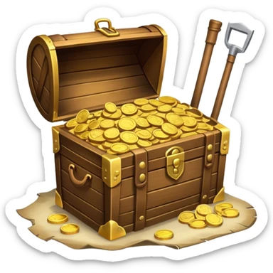 An icon showcasing a treasure chest filled with gold, a treasure map rolled up beside it, a backpack and shovel. The design captures the essence of treasure hunting, exploration, and excitement, set on a transparent background to emphasize the thrill of discovery. sticker