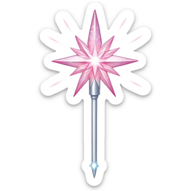 A sparkling fairy wand emoji with a silver handle and a starburst tip, glowing with pointy pinkish and white sparkles, small pink sparkles around sticker