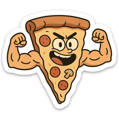 slice of pizza with muscular arms, cartoon style, energetic expression sticker